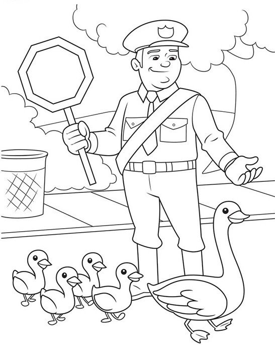 Coloring page policeman helps the ducks